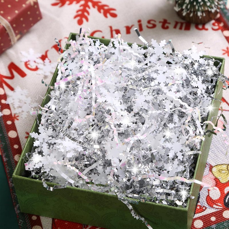 PAPER FAIR 1LB Metallic Silver Diamond White Crinkle Cut Paper Shred Filler w/Snowflake Confetti, Christmas Gift Wrap Packaging Strand, Craft Bedding Cushion, Birthday Box Basket - Image 3